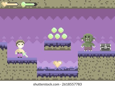 A pixel art scene shows a hero facing a monster. There are collectible coins, a heart at the center, and a treasure chest. Ideal for retro gaming, fantasy themes, pixel art lovers, game UI design