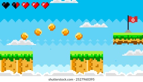 Pixel art scene shows a platform game with floating tiles, gold coins, hearts indicating lives, and a flag on a grassy platform against a bright blue sky with scattered white clouds. Ideal for retro