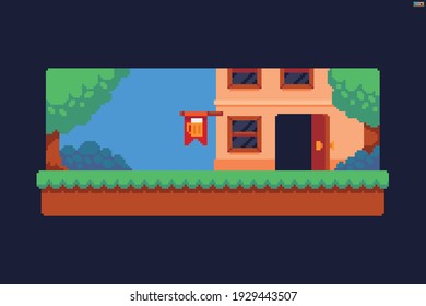 Pixel art scene with sky, trees and bushes, grass, soil and building with open door with mug sign on the flag 
