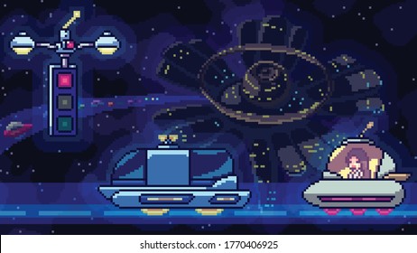 tráfico de estación de espacio de escenas de arte de píxeles