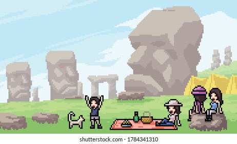 pixel art scene stone head landmark