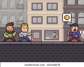 Pixel art scene with two characters ready to fight against bully wanting their money, urban background