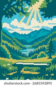 Icono del paisaje del arte del pixel, Ilustración vectorial en fondo aislado.
