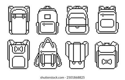 Pixel Art School Backpack Set. Schoolbags in retro style. Vector illustration