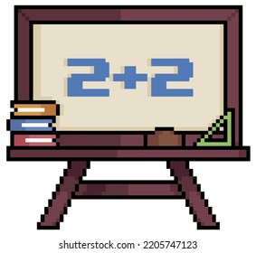 Pixel art school blackboard with math bead, wooden blackboard vector icon for 8bit game on white background