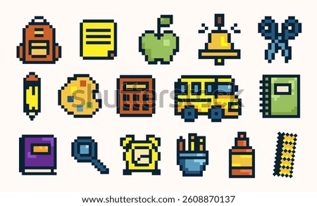 Pixel Art School Icon Set for Education Design.8-Bit Back to School Vector Icons Collection with school supplies including backpack, notebook, pencil, apple, calculator, school bus, and alarm clock