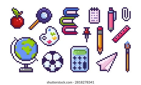 Pixel art school icons of educational supplies, books, pen, pencil, and ruler. Retro 8bit game style vector student designs of calculator, globe, soccer ball, magnifying glass and apple. Mosaic set