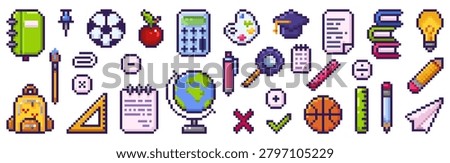 Pixel art school icons of educational supplies, books, pen, pencil, and ruler. Retro 8bit game style vector student designs of calculator, backpack, soccer ball, light bulb, pin and apple. Mosaic set