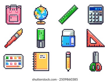 Conjunto de iconos de suministros de escuela de arte de píxeles. Colección retro de 8 bits de herramientas esenciales para el aula - mochila, globo, Regla, calculadora, pincel, resaltador, borrador, triángulo, cuaderno, lápiz, tijeras, 