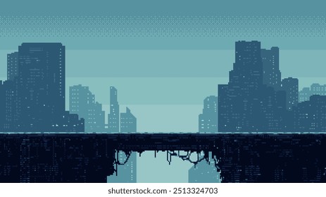 pixel art sci fi city, cyberpunk game level background, 8 bit image futuristic cityscape, 2d pixel retro design, city lights, platform, vector illustration