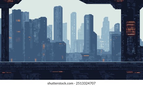 pixel art sci fi city, cyberpunk spiel level hintergrund, 8 bit bild futuristische stadtbild, 2d pixel retro design, hochhäuser, stadtbeleuchtung, plattform, vektorgrafik