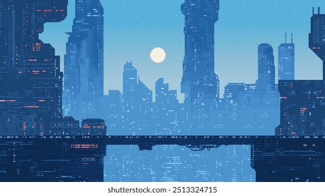 pixel art sci fi city, cyberpunk game level background, 8 bit image futuristic cityscape, 2d pixel retro design, skyscrapers, city lights, platform, vector illustration