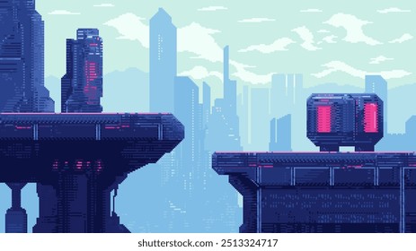 pixel art sci fi city, cyberpunk spiel level hintergrund, 8 bit bild futuristische stadtbild, 2d pixel retro design, hochhäuser, stadtbeleuchtung, plattform, vektorgrafik