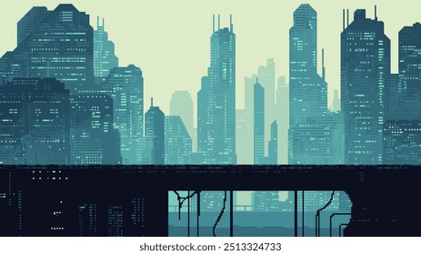 pixel art sci fi city, fundo de nível de jogo cyberpunk, paisagem urbana futurista de imagem de 8 bits, design retro de 2d pixel, arranha-céus, luzes da cidade, plataforma, ilustração vetorial