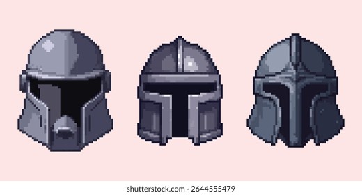 Pixel Art SciFi Helmets Collection, Ícones de armadura futurista. coleção impressionante de três capacetes de arte de pixel distintos, meticulosamente renderizados em um estilo clássico de videogame retrô