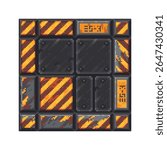 Pixel art sci-fi set floor tiles in a grungy industrial style with black panels, caution stripes, fans, and orange markings, retro video games, space environments, digital design projects