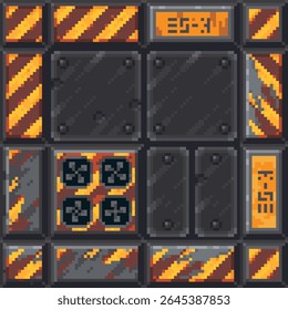 Pixel art sci-fi set floor tiles in a grungy industrial style with black panels, caution stripes, fans, and orange markings, retro video games, space environments, digital design projects