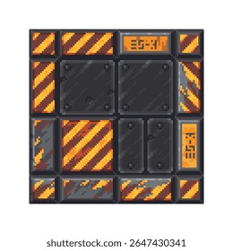 Pixel art sci-fi set floor tiles in a grungy industrial style with black panels, caution stripes, fans, and orange markings, retro video games, space environments, digital design projects