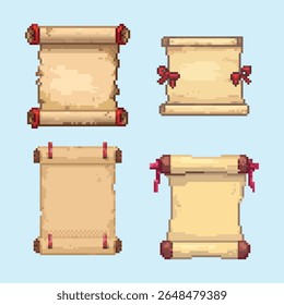 Pixel Art Scroll Collection with Ribbons, Fantasy Game Assets. Four distinct pixel art scrolls parchments, each meticulously rendered in a classic retro video game style pixel art.