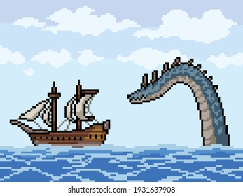 Pixel Art Of Sea Monster Chasing Ship