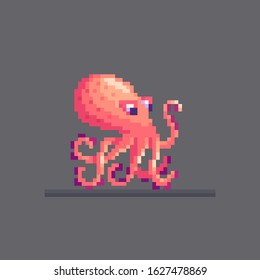 Pixel art sea octopus. Cute vector illustration.