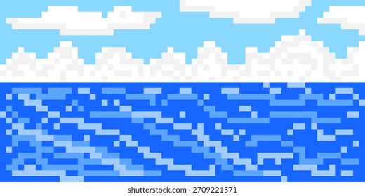 Pixel art sea, sky and clouds landscape background