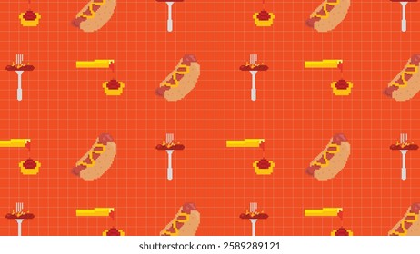 A pixel art seamless background with hot dogs, mustard, ketchup, and grilled sausage on an orange grid background. Ideal for fast food designs, restaurant branding, digital illustrations.