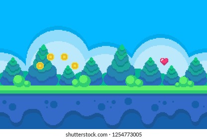 El arte de Pixel es un fondo impecable. Ubicación con el bosque en el día. Paisaje para juegos o aplicaciones.