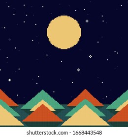 Pixel art seamless background. Location with mountains, stars and moon. Landscape for game or application. 8 bit.