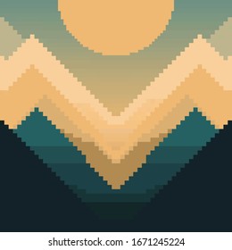 Pixel art seamless background. Location with mountains, stars and moon. Landscape for game or application. 8 bit.