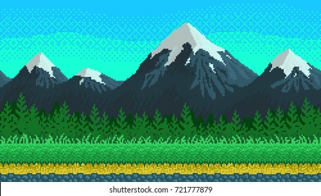 Pixel art seamless background. Location with mountains, grass and clouds. Landscape for game or application.