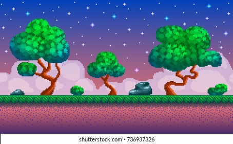 Pixel art seamless background. Location with forest at night. Landscape for game or application.