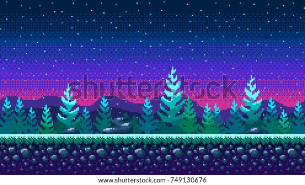 シームレスな背景にピクセルアート 夜の雪の森の場所 ゲームまたはアプリケーション用の風景 のベクター画像素材 ロイヤリティフリー