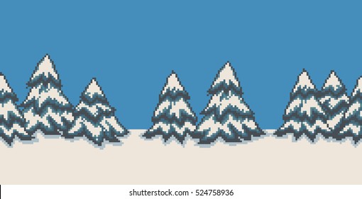 Pixel Art Seamless Background With Many Spruce Christmas Trees In Snow