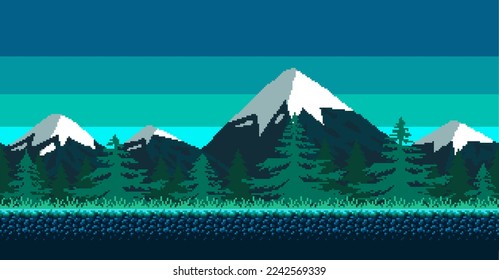 Pixel art seamless background. With mountains, grass and clouds. A landscape for a game or program. Vector eps 10