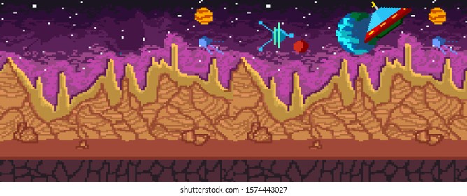 Pixel art seamless background with ufo planets and landscape vector illustration. Alien planet with purple sky and yellow spiky mountains for space adventurous game flat style concept