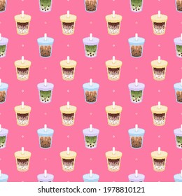 Pixel art seamless bubble milk tea pattern. Cute Pink background with colorful boba tea drinks pattern. Vintage 8 bit bubble tea pattern for textile, fabric, paper, decoration. Vector tile backdrop.