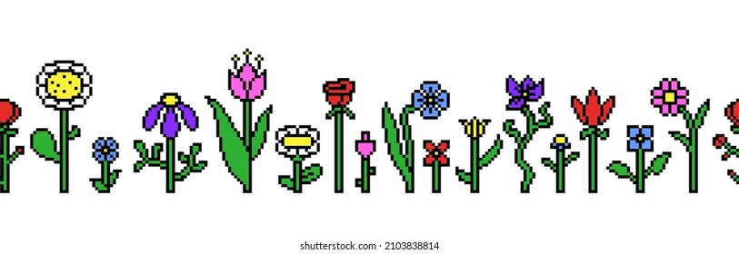 Pixel art seamless floral horizontal border. Various wild flowers frame isolated on white background. 8 bit fashionable surface design print. Nature-themed graphics. Fantasy plants in a summer garden.