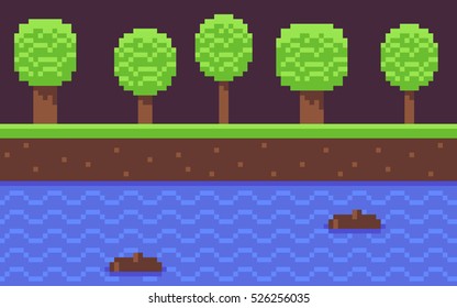 Pixel art seamless game background with grass and mud, many trees, and water