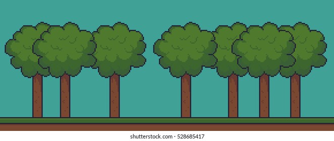 Pixel art seamless game background with grass, mud and many trees
