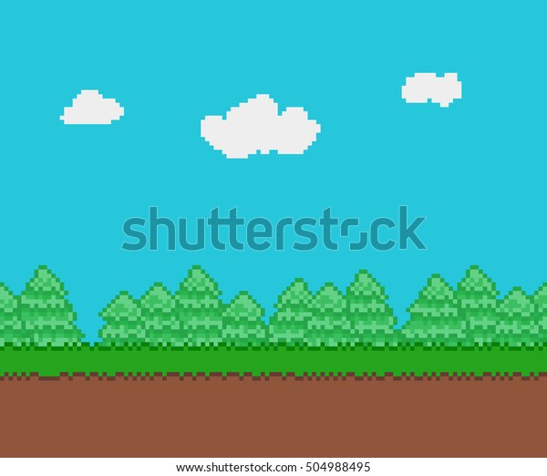 芝生と泥 多くの木 空 雲のあるシームレスなゲーム背景にピクセルアート のベクター画像素材 ロイヤリティフリー