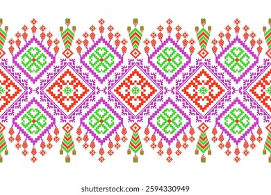 Pixel art seamless geometric ethnic pattern in purple, orange and green elements, intricate ethnic style seamless pixel art geometric pattern for fabric, home decor, fashion and crafts.