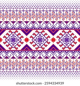 Pixel art seamless geometric ethnic pattern in purple and red elements, bringing vibrant intricate ethnic style seamless pixel art geometric pattern for fabric, home decor, fashion and crafts.