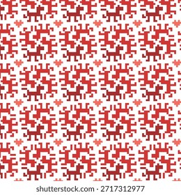 Pixel Art Padrão de Cavalo sem costura com acentos de coração vermelho e branco - Design festivo retrô para decoração e papel de embrulho