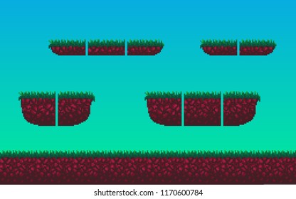 Pixel art seamless landscape with soil and grass tile elements for game design.