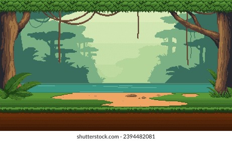 Pixel art seamless landscape with tropical forest, lake and hanging liana vines. 16-bit retro video game style jungle background.