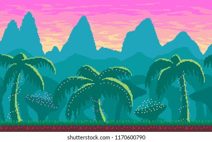 Pixel art seamless landscape with tropics area for game design.