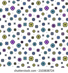 Pixel art seamless pattern, abstract geometric blue, purple, yellow flower heads isolated on white background. 8 bit floral print for surface design. Nature-themed graphics. Imaginary fantasy plants.
