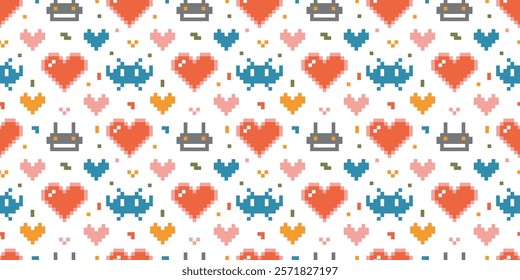 Pixel art Seamless pattern with alien, robot and hearts, digital drawing, retro style. Trendy modern vector illustration on white background, hand drawn, flat design