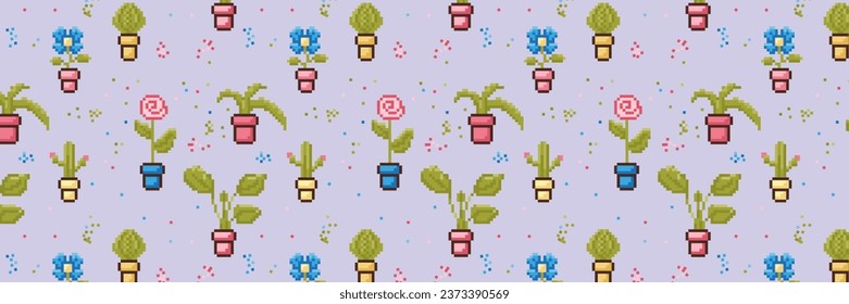 Pixel Art. Seamless pattern with indoor plants on a purple background. Vector illustration